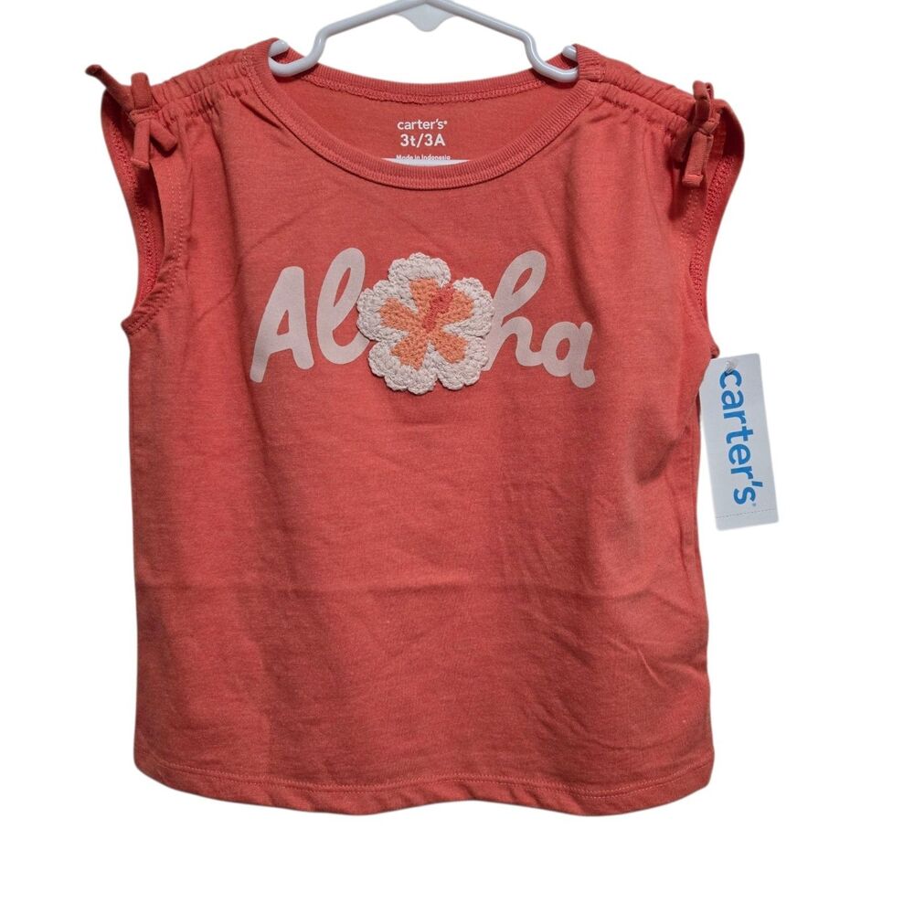 Carter's T-shirt Girl's Size 3T Orange Coral Aloha Embroidered Summer Fun NEW